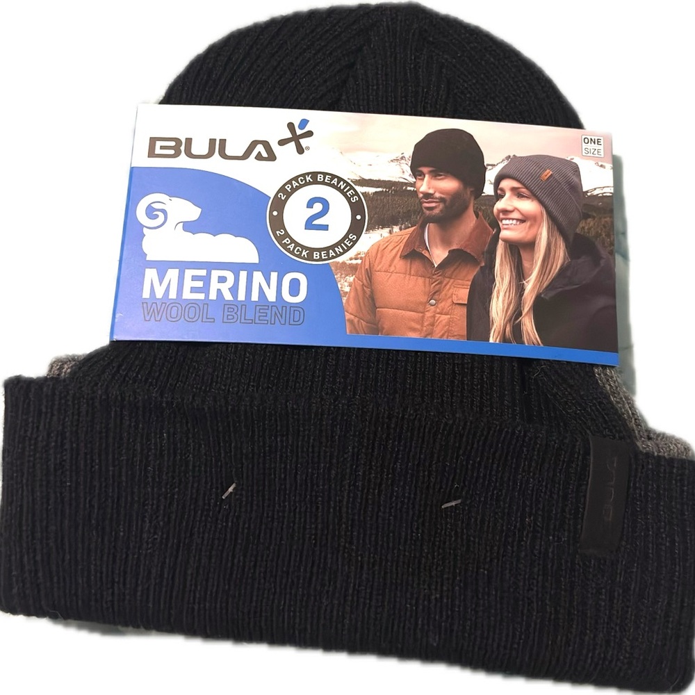 Bula Beanies Merino Wool Blend Skully Adult Black Gray 2 Pk - Picture 2 of 2